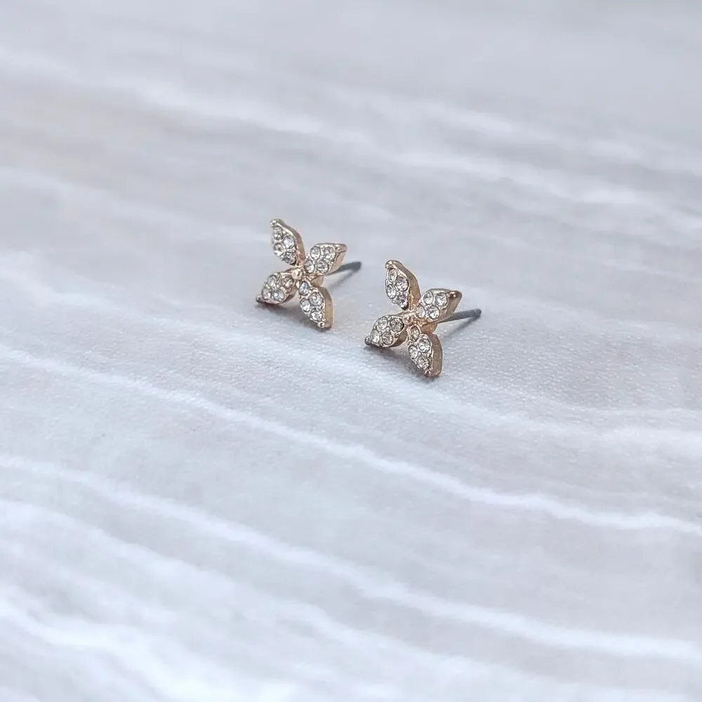 Gold Tone Flower with Clear Gems Dainty Small Stud Earrings